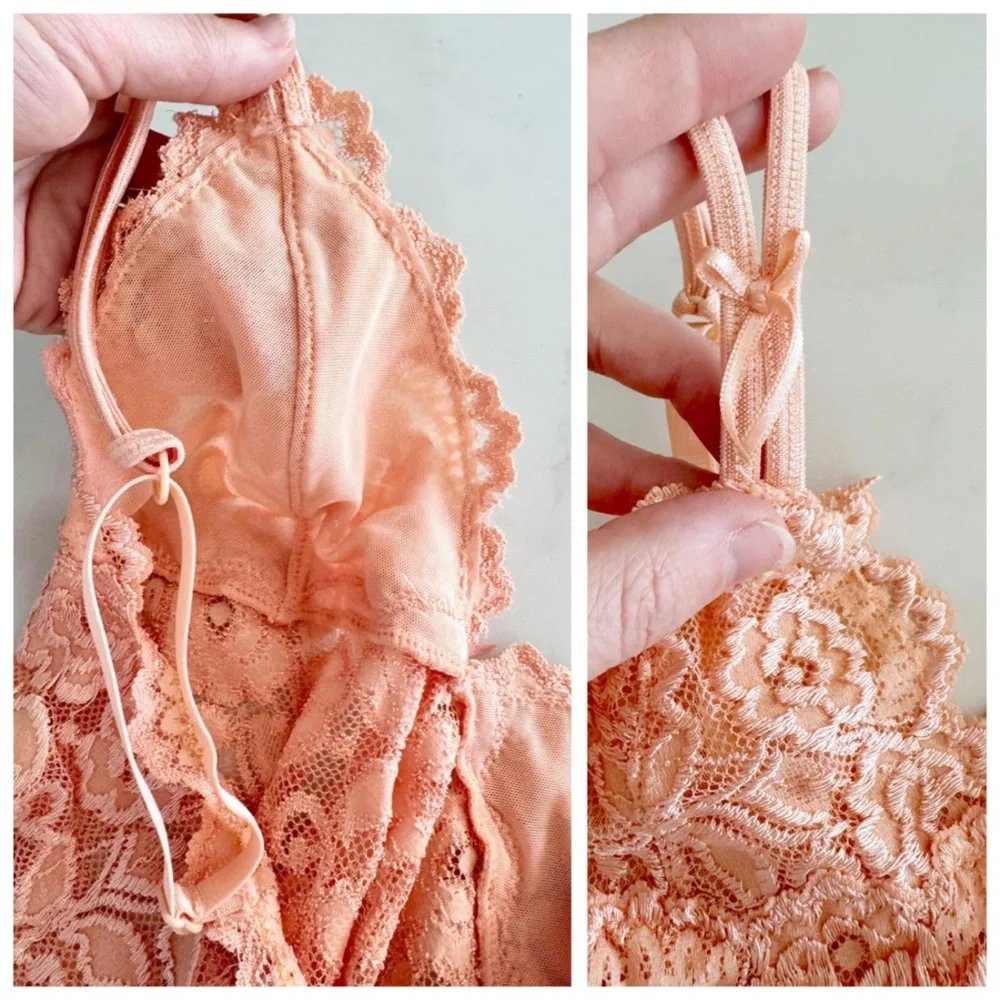 Cabernet Coral Pink Lace Bralette Top, Ribbon Bow & Adjustable Straps sz. S